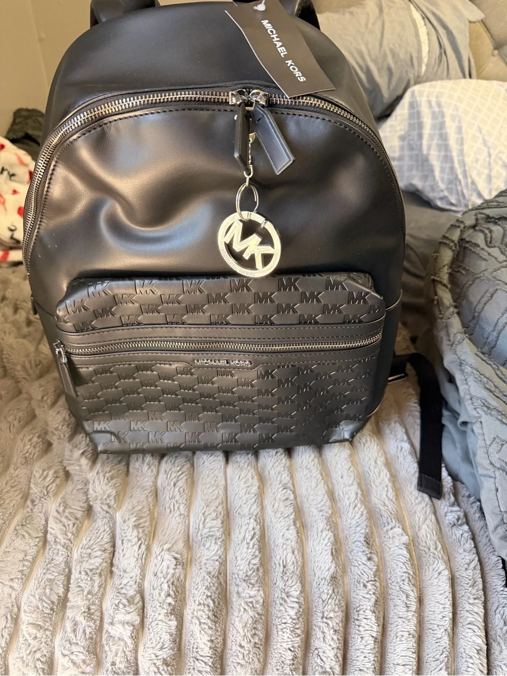 Michael Kors Black Leather Backpack with Embossed Front Pocket
